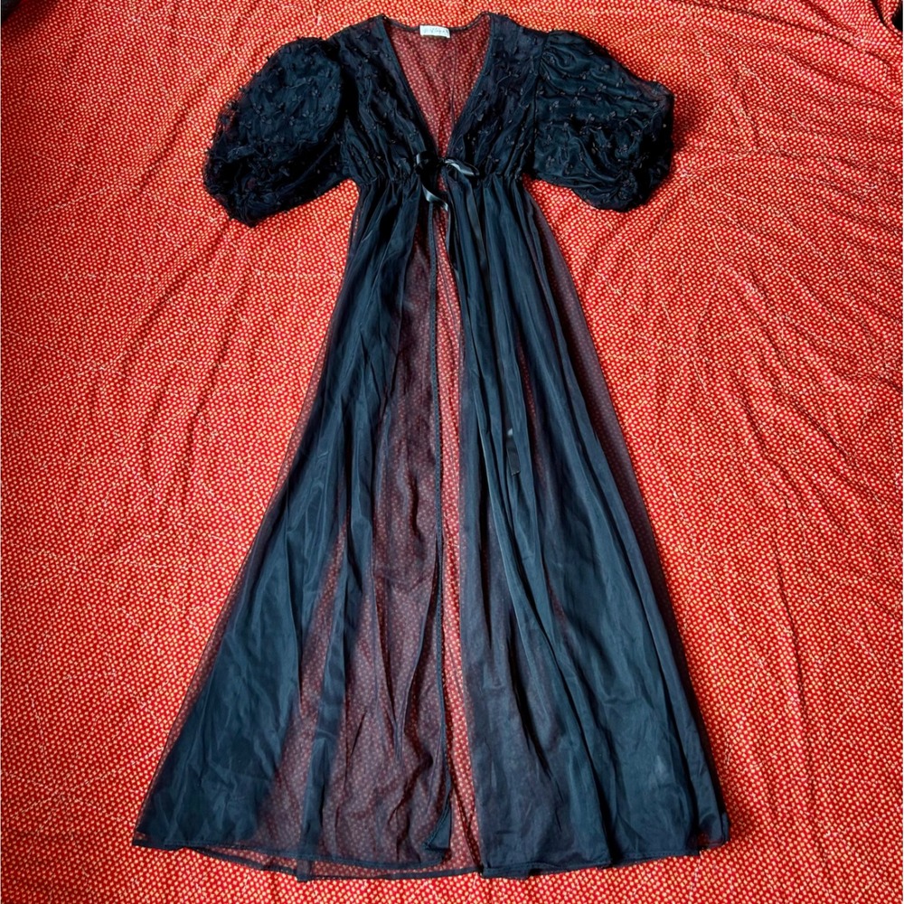 Vintage Miss Elaine Black Sheer Nylon Maxi Robe Peignoir Puff Sleeve Bows Large